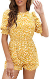 Yellow Women's Crew Neck Beach Rompers Half Sleeve Elastic Wasit Dots Keyhole Summer Jumpsuit - DOBULO | Women's Romper & Jumper Suit