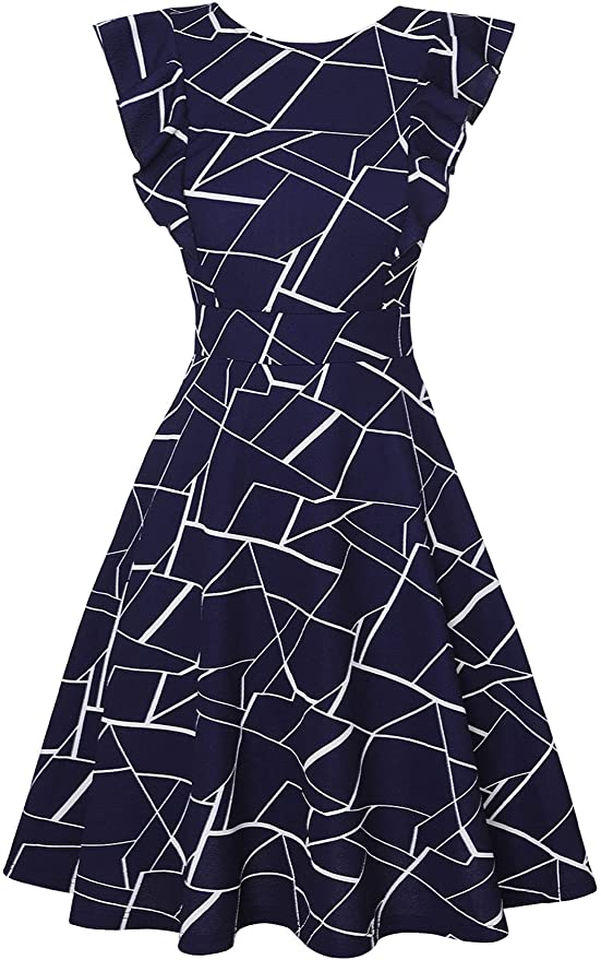 Blue 2 Womens Dresses Elegant Ruffles Cap Sleeves Summer A-Line Midi Dress - ECOWISH | Women's Cocktail Dresses