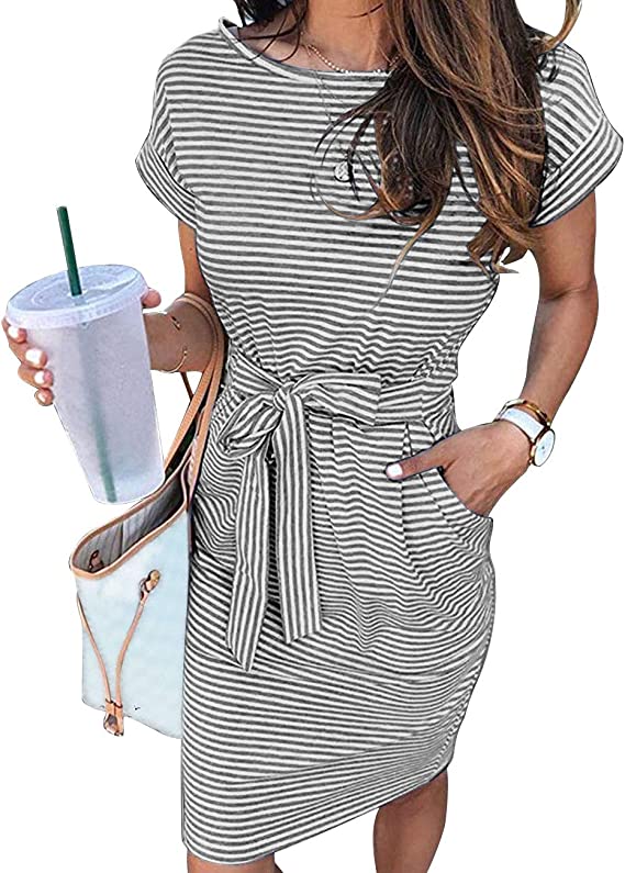 Dark Grey Women's Summer Striped Short Sleeve T Shirt Dress Casual Tie Waist Midi Dress - MEROKEETY | Women's Casual Dresses