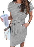 Dark Grey Women's Summer Striped Short Sleeve T Shirt Dress Casual Tie Waist Midi Dress - MEROKEETY | Women's Casual Dresses
