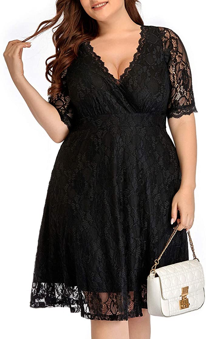 Black Women Lace V Neck Plus Size Half Sleeve Knee Length Cocktail Wedding Guest Swing Dress - Pinup | Women's Cocktail Dresses