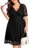 Black Women Lace V Neck Plus Size Half Sleeve Knee Length Cocktail Wedding Guest Swing Dress - Pinup | Women's Cocktail Dresses