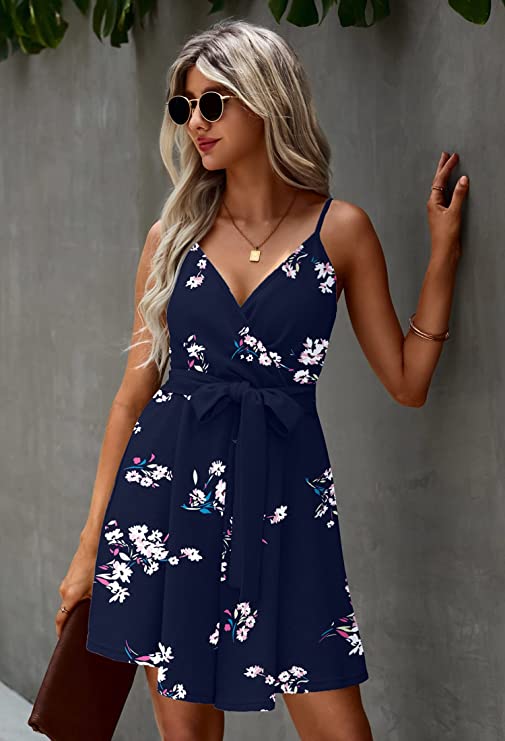 Navy Blue Women's Sexy V Neck Printed Spaghetti Strap Beach Romper Shorts Jumpsuit - Angashion | Women's Cocktail Dresses