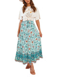 Turquoise Women's Bohemian Floral Printed Elastic Waist A Line Maxi Skirt with Pockets - ZESICA | Women's Casual Dresses