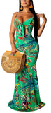 Green Women's Summer Floral Spaghetti Strap Maxi Dresses Sexy V-Neck Beach Boho Tropical Long Sundress - HannahZone | Women's Casual Dresses