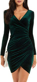 Green Womens Wrap V Neck Long Sleeve Velvet Bodycon Ruched Cocktail Party Dress - Guberry | Women's Formal Dresses