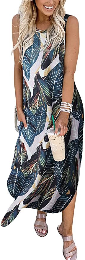 Leaf Print Women's Casual Loose Long Sleeveless Sundress with Pockets - ANRABESS | Women's Casual Dresses