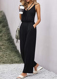 Brown Women's Casual Sleeveless Front Button Loose Jumpsuits Stretchy Long Pants Romper with Pockets - Happy Sailed | Women's Romper & Jumper Suit