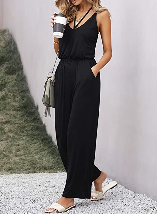 Blue Sleeveless Women's Casual Sleeveless Front Button Loose Jumpsuits Stretchy Long Pants Romper with Pockets - Happy Sailed | Women's Romper & Jumper Suit