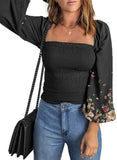 Black Blouses for Women Puff Long Sleeve Square Neck Tops Off The Shoulder Floral - EVALESS | Women's Tops and Blouses