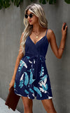 Navy Leaves Womens V-Neck Spaghetti Strap Bowknot Backless Sleeveless Lace Mini Swing Skater Dress - Ecowish | Women's Casual Dresses