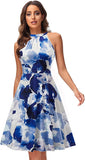 Navy Blue Floral-42 Women's Halter Neck Floral Summer Casual Sundress - OUGES | Women's Casual Dresses