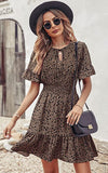 Leopard Women's Summer Boho Short Dresses Floral Print Tie Neck Short Sleeve Elastic High Waist Ruffle Mini Skater Dress Khaki - Prettygarden | Women's Casual Dresses