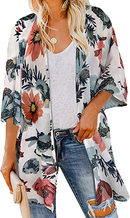 Dasiy White Flower Women's Floral Print Puff Sleeve Kimono Cardigan Loose Cover Up Casual Blouse Tops - Chicgal | Women's Cardigan