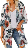 Dasiy White Flower Women's Floral Print Puff Sleeve Kimono Cardigan Loose Cover Up Casual Blouse Tops - Chicgal | Women's Cardigan