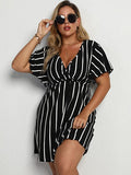 Black Women's Plus Size Striped Print Wrap V Neck Short Sleeve A Line Dress - Floerns | Women's Formal Dresses