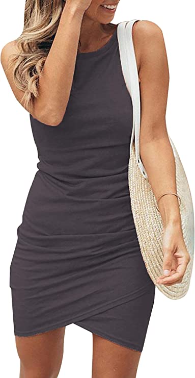 Dark Grey Women Casual Dress Crew Neck Ruched Summer Sleeveless Tank Bodycon Shirt Short Mini Dresses - BTFBM | Women's Club Dresses