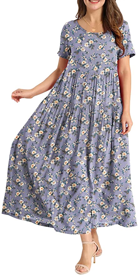 Gray Flower Women Casual Loose Bohemian Floral Dress with Pockets Shor Original Brand