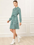 Brown Mock Neck Long Sleeve Tie Waist Flare Floral Midi Dress - Allegra K | Women's Casual Dresses