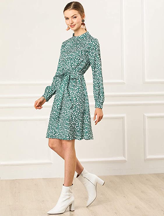 Blue Yellow Mock Neck Long Sleeve Tie Waist Flare Floral Midi Dress - Allegra K | Women's Casual Dresses