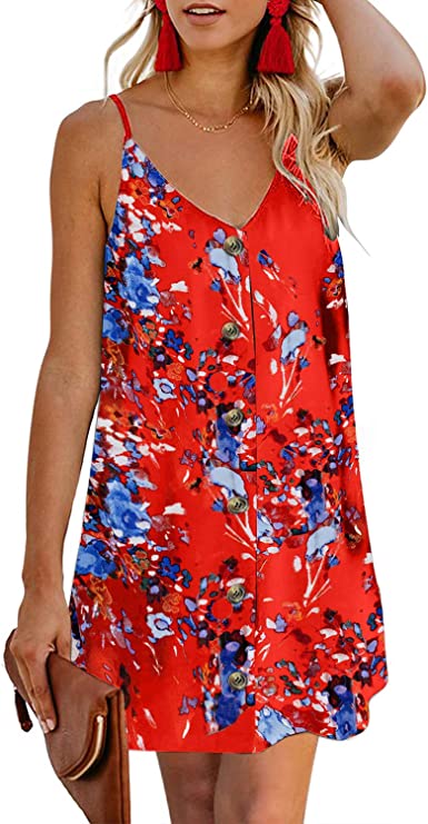 Floral Orange Women Summer Spaghetti Strap Button Down V Neck Sleeveless Casual Mini Dress - AlvaQ | Women's Cocktail Dresses
