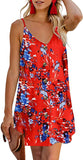 Floral Orange Women Summer Spaghetti Strap Button Down V Neck Sleeveless Casual Mini Dress - AlvaQ | Women's Cocktail Dresses