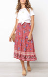 Floral Red Women's Bohemian Floral Printed Elastic Waist A Line Maxi Skirt with Pockets - ZESICA | Women's Casual Dresses