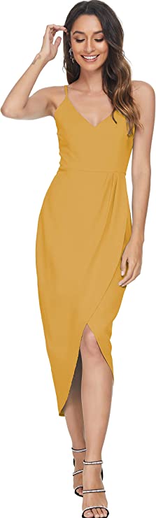 Mustard Women's Sexy V Neck Backless Maxi Dress Sleeveless Spaghetti Straps Cocktail Party Dresses - CMZ2022 | Women's Cocktail Dresses