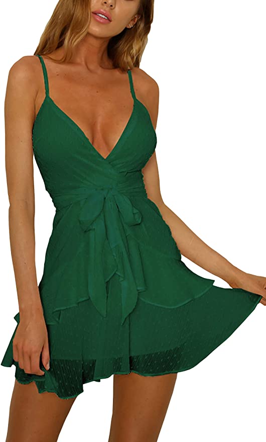Blackish Green Womens V-Neck Spaghetti Strap Bowknot Backless Sleeveless Lace Mini Swing Skater Dress - Ecowish | Women's Casual Dresses