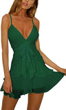 Blackish Green Womens V-Neck Spaghetti Strap Bowknot Backless Sleeveless Lace Mini Swing Skater Dress - Ecowish | Women's Casual Dresses