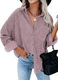 Light Purple Womens Corduroy Button Down Shirts Boyfriend Long Sleeve Oversized Blouses Tops - Dokotoo