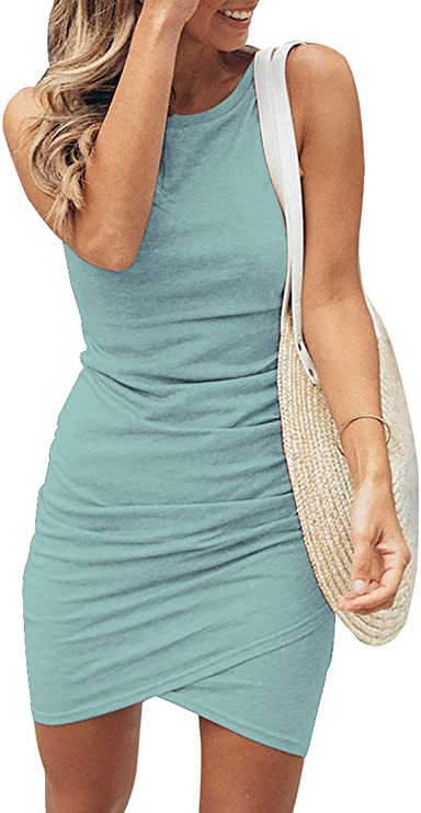Green Women Casual Dress Crew Neck Ruched Summer Sleeveless Tank Bodycon Shirt Short Mini Dresses - BTFBM | Women's Club Dresses
