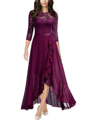 Magenta Ladies Elegant Scoop Neck Floral Lace Formal Wedding Maxi Dress - MIUSOL