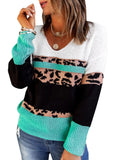 Green Lepard Womens Color Block Sweaters Long Sleeve Crewneck Pullover Knit Jumper Tops - Dokotoo