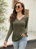 Dark Grey Women's V Neck Waffle Knit Henley Tops Casual Long Sleeve Pullover Sweater Blouses - Farktop | Women's Sweaters