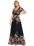 Women's Double V-Neck Ruffle Sleeves Floor-Length Chiffon Evening Party Dress  - Sara Clothes