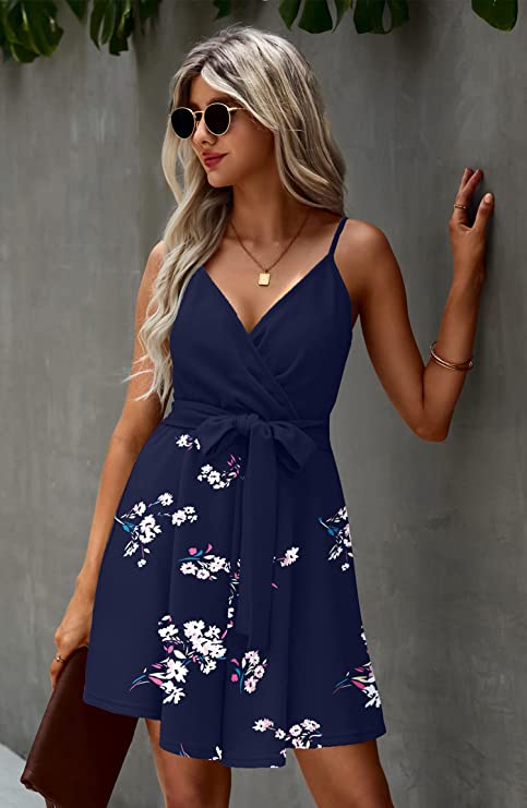 Navy Blue Women's Sexy V Neck Printed Spaghetti Strap Beach Romper Shorts Jumpsuit - Angashion | Women's Cocktail Dresses