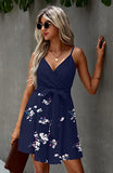Navy Blue Women's Sexy V Neck Printed Spaghetti Strap Beach Romper Shorts Jumpsuit - Angashion | Women's Cocktail Dresses