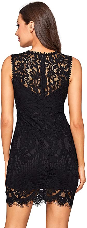 Black Women's Sleeveless Scalloped Hem Fitted Floral Lace Bodycon Dress - Verdusa | Women's Cocktail Dresses