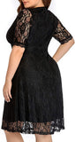 Black Women Lace V Neck Plus Size Half Sleeve Knee Length Cocktail Wedding Guest Swing Dress - Pinup | Women's Cocktail Dresses
