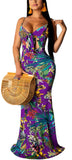 Purple Women's Summer Floral Spaghetti Strap Maxi Dresses Sexy V-Neck Beach Boho Tropical Long Sundress - HannahZone | Women's Casual Dresses