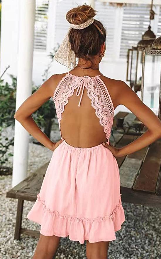Pink Womens V-Neck Spaghetti Strap Bowknot Backless Sleeveless Lace Mini Swing Skater Dress - Ecowish | Women's Casual Dresses