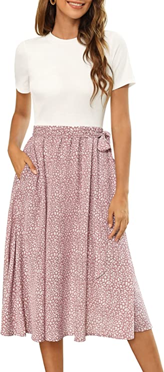 White Light Mauve Women Short Sleeve Ribbed Midi Dress Modest Casual Work Dress with Pockets - Zattcas | Women's Casual Dresses