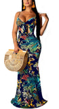Dark Blue Women's Summer Floral Spaghetti Strap Maxi Dresses Sexy V-Neck Beach Boho Tropical Long Sundress - HannahZone | Women's Casual Dresses