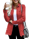 Red Women's Oversized Denim Jacket Casual Long Boyfriend Distresse Jean Jacket Autumn Spring - Dokotoo | Women's Coat & Jacket