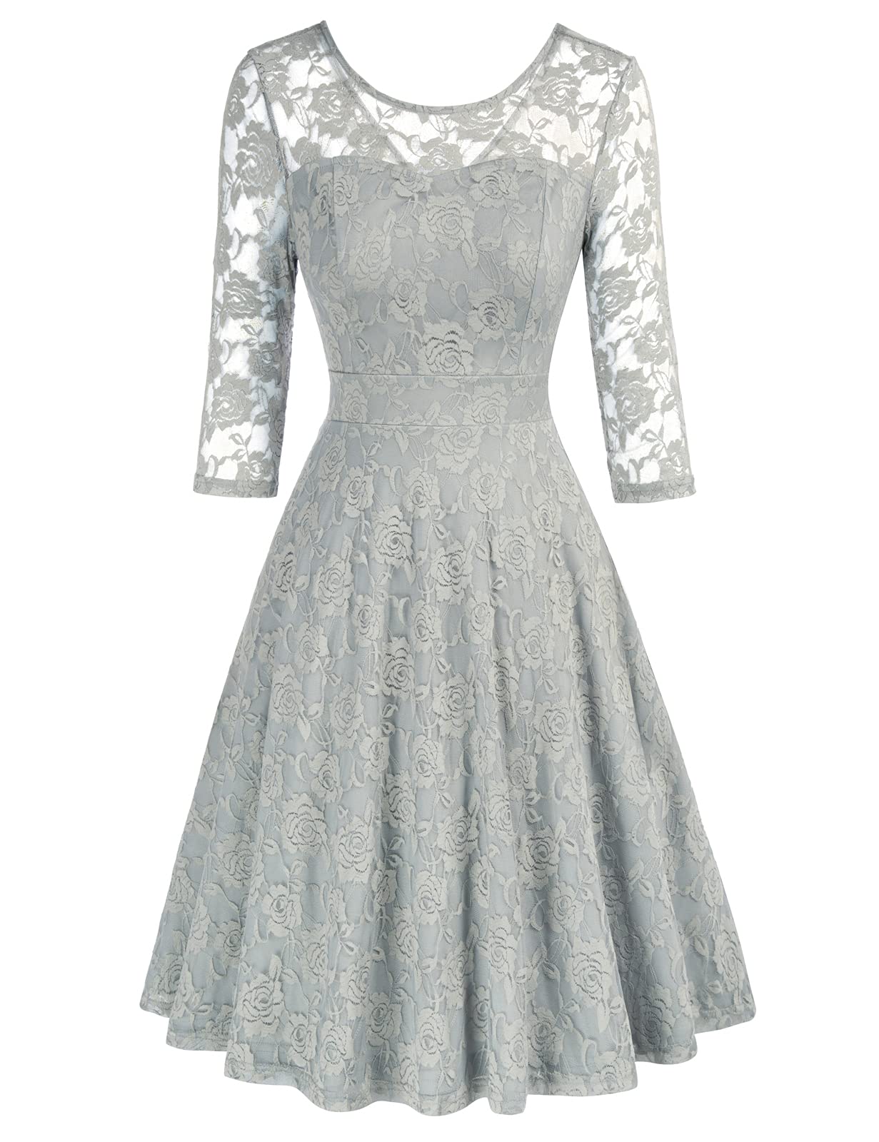 Grey Ladies Vintage Floral Cocktail Party Wedding Guest A Line Lace Dresses - JASAMBAC