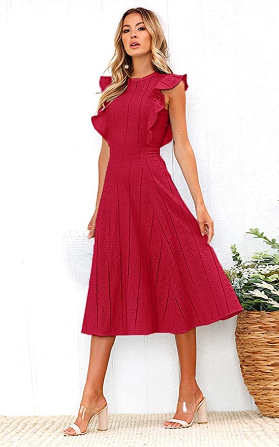 Red Womens Dresses Elegant Ruffles Cap Sleeves Summer A-Line Midi Dress - ECOWISH | Women's Cocktail Dresses