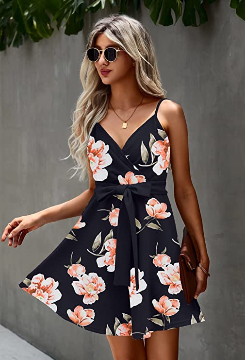 Black Pink Women's Sexy V Neck Printed Spaghetti Strap Beach Romper Shorts Jumpsuit - Angashion | Women's Cocktail Dresses