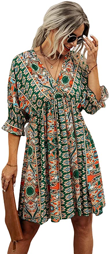 Green Women's Boho Tribal Print Short Sleeve V Neck Tie Back Summer Shift Dress - Romwe | Women's Casual Dresses