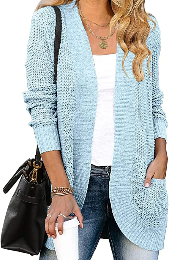 Sky Blue Women's Long Sleeve Open Front Casual Lightweight Soft Knit Cardigan Sweater Outerwear - ZESICA | Women's Cardigan